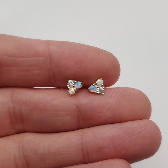 Jewelry - Gold Over 925 Sterling Silver Small Opal And Cubic Zirconia Stud Earrings